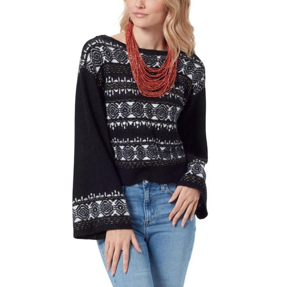 Sam Edelman Benton Wide-Sleeve Scoop-Back Sweater 30182207 Fair-Isle Black S - Picture 1 of 2